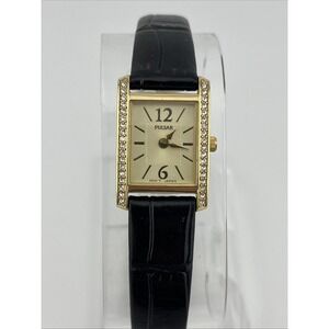 Pulsar Watch Women 18mm Gold Case Black Leather Band 1N00-X265‎ New Battery
